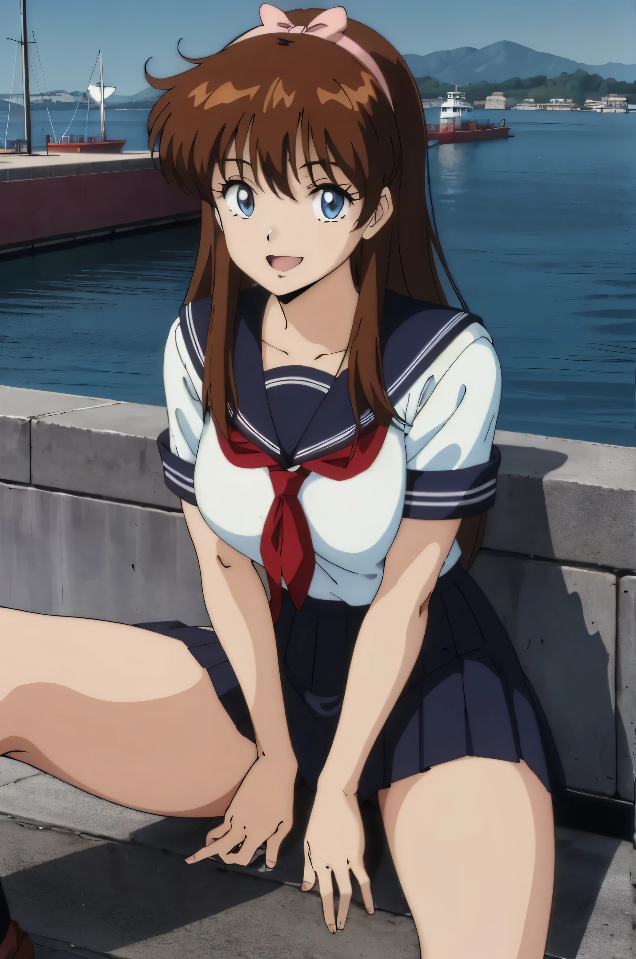 (Anime stuff, Retro art style, Clean brush strokes, Very detailed, Perfect Anatomy, Browsing Caution), (Harbor background, Above the breakwater), (erika, 1 Girl), Eyebrows visible through hair, bangs, Dark brown hair, Long Hair, Katyusha with ribbon, (blue eyes, Beautiful and detailed:1.2), Looking at the audience, Open your mouth (smile:1.5), (Sitting, Spread your legs), (Beautiful body, smooth curve, Perfect figure), (Over the school uniform), (Large Breasts:1.2, A taut shape), (School uniform short skirt), I can see her panties:1.1, 