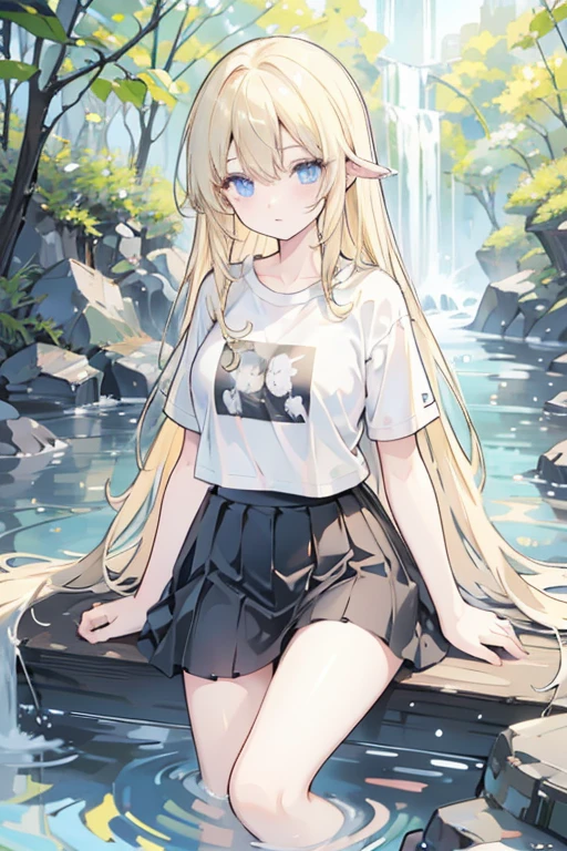 One blonde girl, Long Hair, blue eyes, forest, stream, Bathing, T-Shirts, Tight Skirt, Black underwear