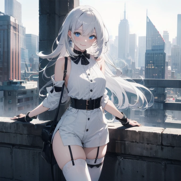 (Masterpiece, Best quality, ultra high resolution), 1 girl, Silver hair, Pale skin, Beautiful detailed face, Detailed eyes, posing on a, On a white background, Dynamic lighting, dynamic shadowing, looking at viewer, White stone punk fashion,(Posing for a photo),((White clothes)), (((black thigh highs))), jean shorts, skirt, white sweater, ((Blue eyes)), happy, smiling, black straps, black strap design, ((Long white hair)), energetic, cheerful, cityscape background