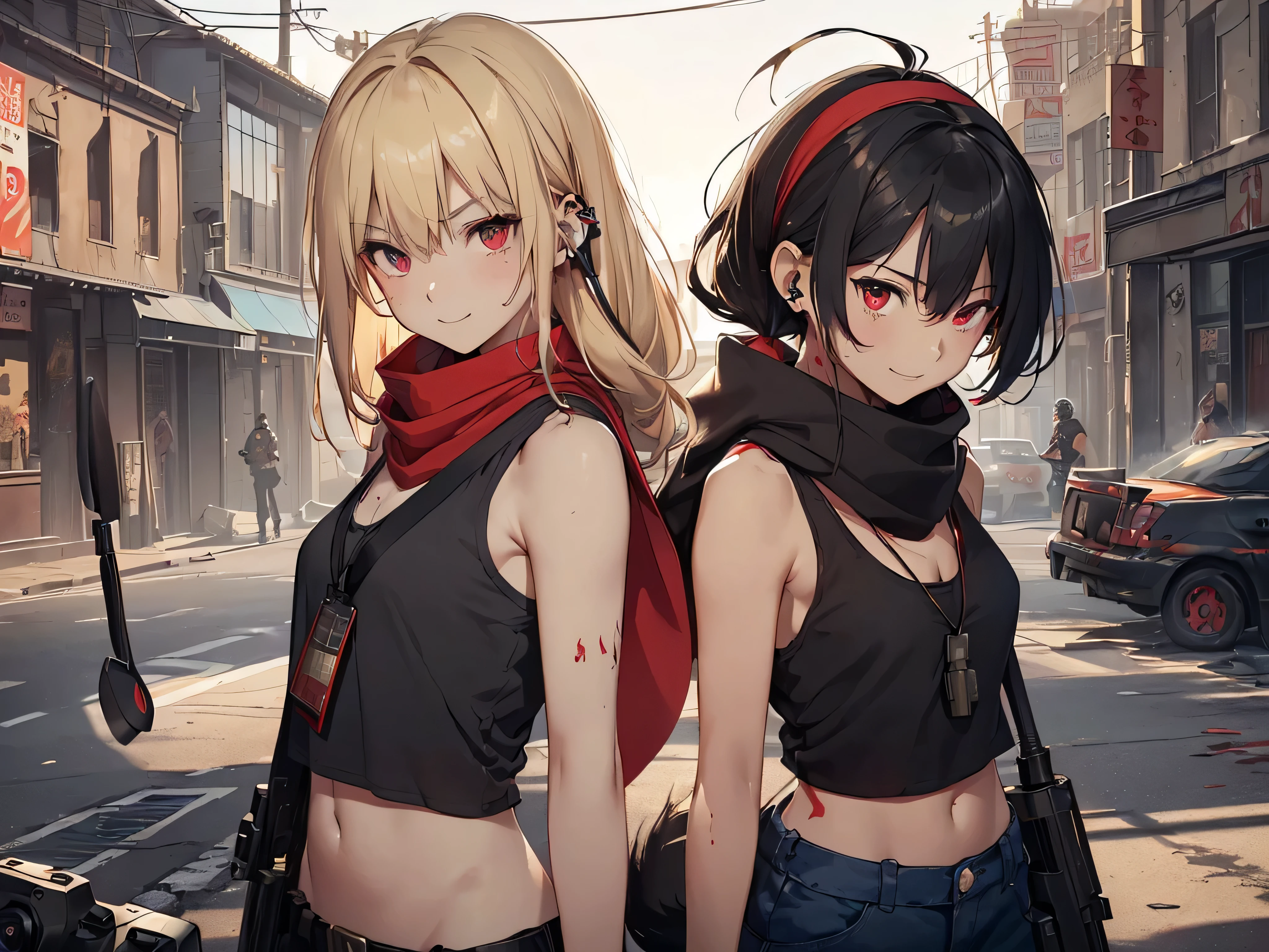 top-quality、Top image quality、masterpiece、girl with((18year old、Blue navel tank top、Military pants、Best Bust、Bust 90、Blonde Away Tail、Red Eyes、open chest wide、Valley、Happiness、A slender、ssmile、black bandana、Holding a revolver in your right hand,Earphone jack in ear、Red Body Paint、Shooter、Black scarf、dog tag、a little muscular、nffsw、Aim the gun in front))hiquality、Beautiful Art、Background with((Survival Games、Burning smoke、drone、Sunny city))、masutepiece、Elaborate design、visualart、