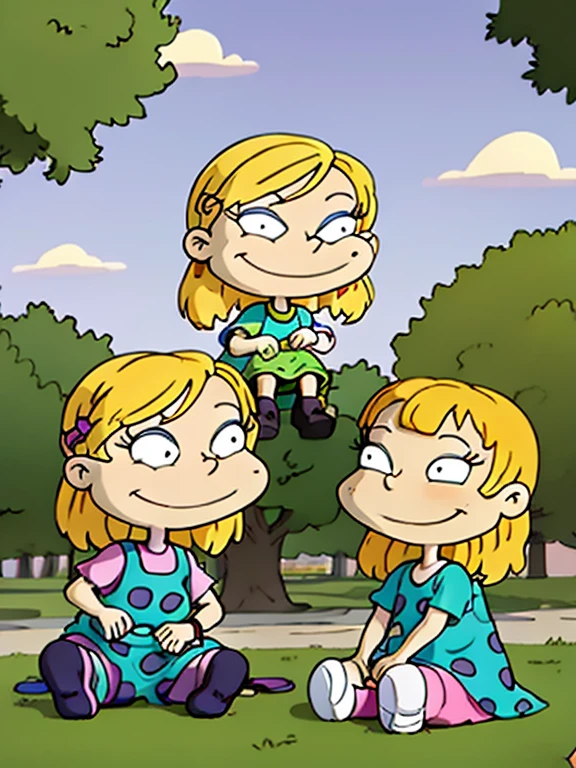 angelica pickles, one person in picture, freckles, blush, Beautiful face, smiling, polka dot dress, Blonde hair, two short braids, green tights, 1 girl , In the park, squatting 