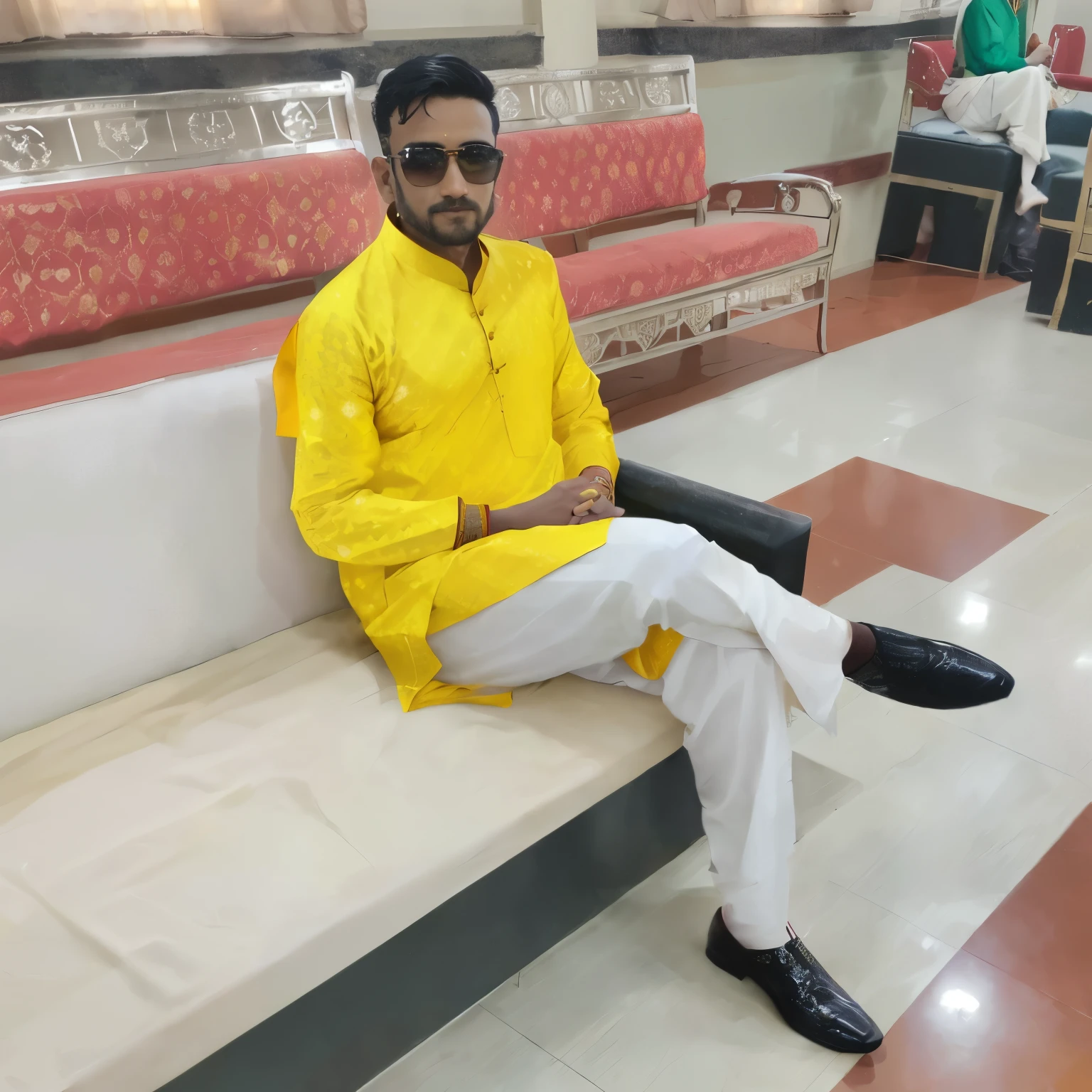there is a man sitting on a bench in a room, with yellow cloths, wearing a kurta, dressed in a jodhpuri suit, wearing a silk kurta, very very low quality picture, wearing red and yellow clothes, yellow clothes, king in yellow, dressed with long fluent clothes, stylish pose, inspired by Kailash Chandra Meher, wearing traditional garb