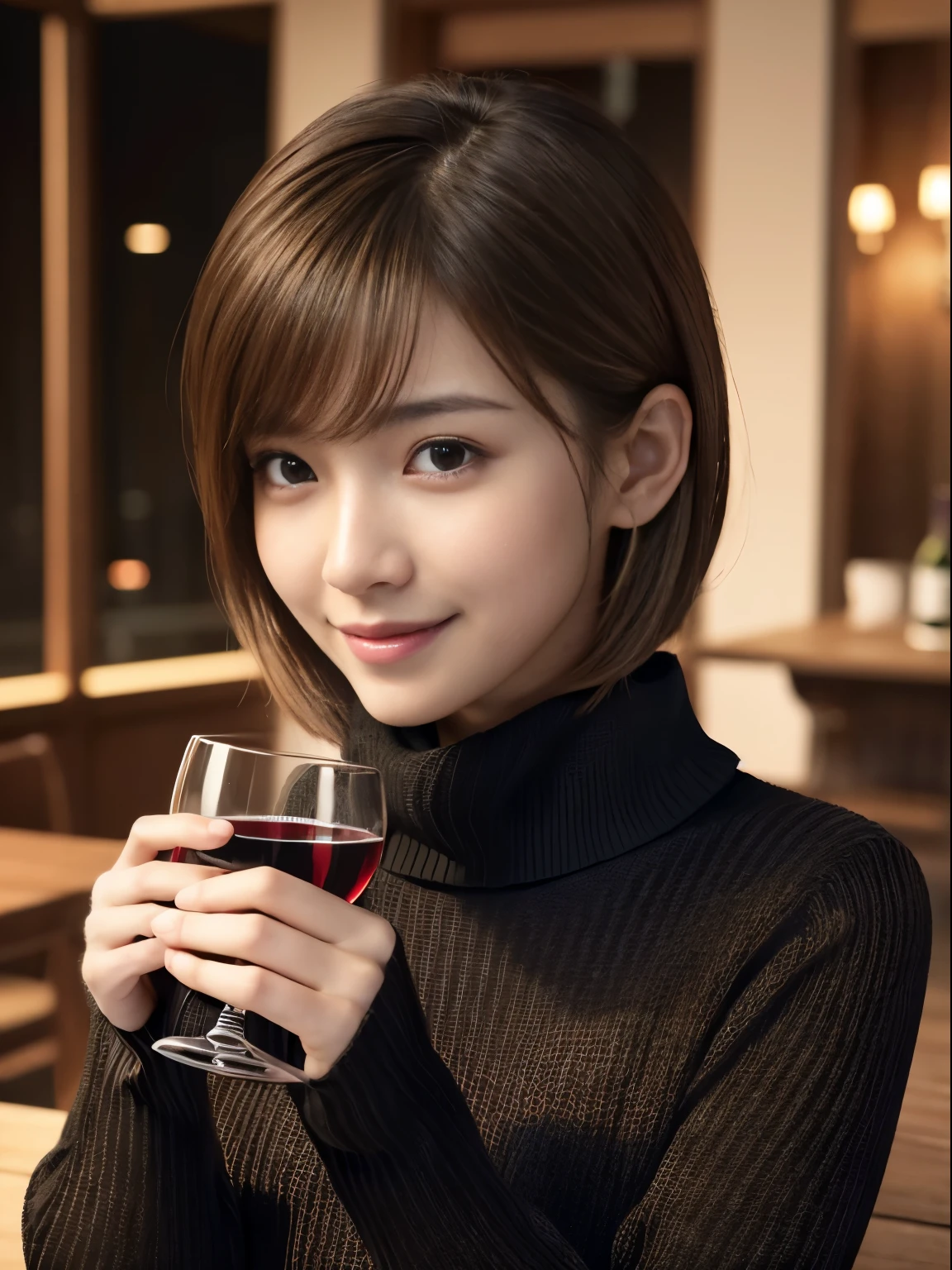 One Japanese idol, (Realistic, highest quality), (Realistic, Photorealistic:1.4), short hair, Must-Bring, Very elegant and beautiful, Very detailed, 8k wallpaper, Amazing, Very detailed CG Unity, High resolution, Soft Light, Beautiful details, 19 years old, Very detailed目と顔, Beautifully detailed nose, Beautiful fine details, Cinema Lighting, Perfect ???????, Narrow Face, Slender body, (smile), (Hair mess, Asymmetrical bangs, Light brown hair), (Black sweater:1.4),(Drinking red wine) 