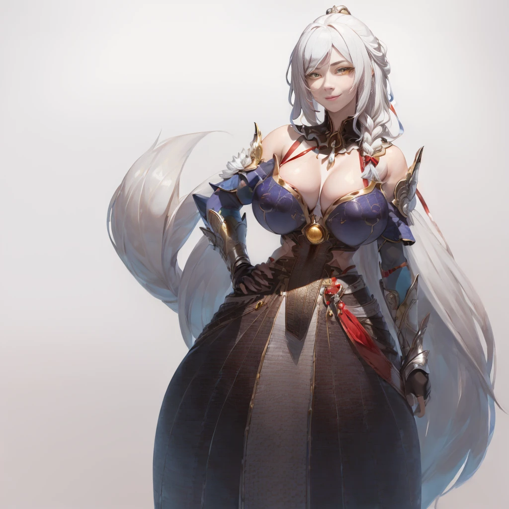 (((Plain background 1:2))) (masterpiece, high quality: 1.1) 1girl full body standing, hairstyle with a braid, white colored hair, yellow eyes, perfect lighting, muscular, thighs, mature woman, mummy, bellybutton, abs, looks at the viewer smile RED CHEEKS, extremely huge breasts, maternal, porcelain skin, extra very long hair, sparkly skin, good face, chest cover, HANDS ON HIPS