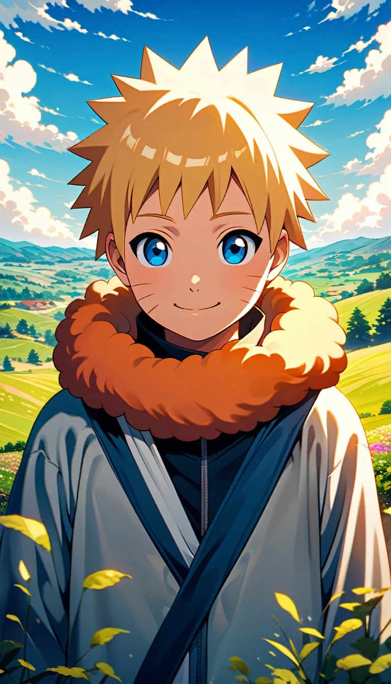 Generate an 8K AI image showcasing a young Naruto Uzumaki standing in a picturesque landscape, with a serene and peaceful atmosphere. The camera is positioned at a long distance, capturing Naruto's smiling face as he gazes out at the beauty around him. Surrounding Naruto is a tranquil scene of rolling hills, vibrant meadows, and clear blue skies dotted with fluffy clouds. The sunlight gently bathes the landscape, casting warm hues across the scene and creating a sense of calm and contentment. Ensure Naruto's expression reflects his youthful exuberance and joy, perfectly complementing the beauty of the peaceful background.