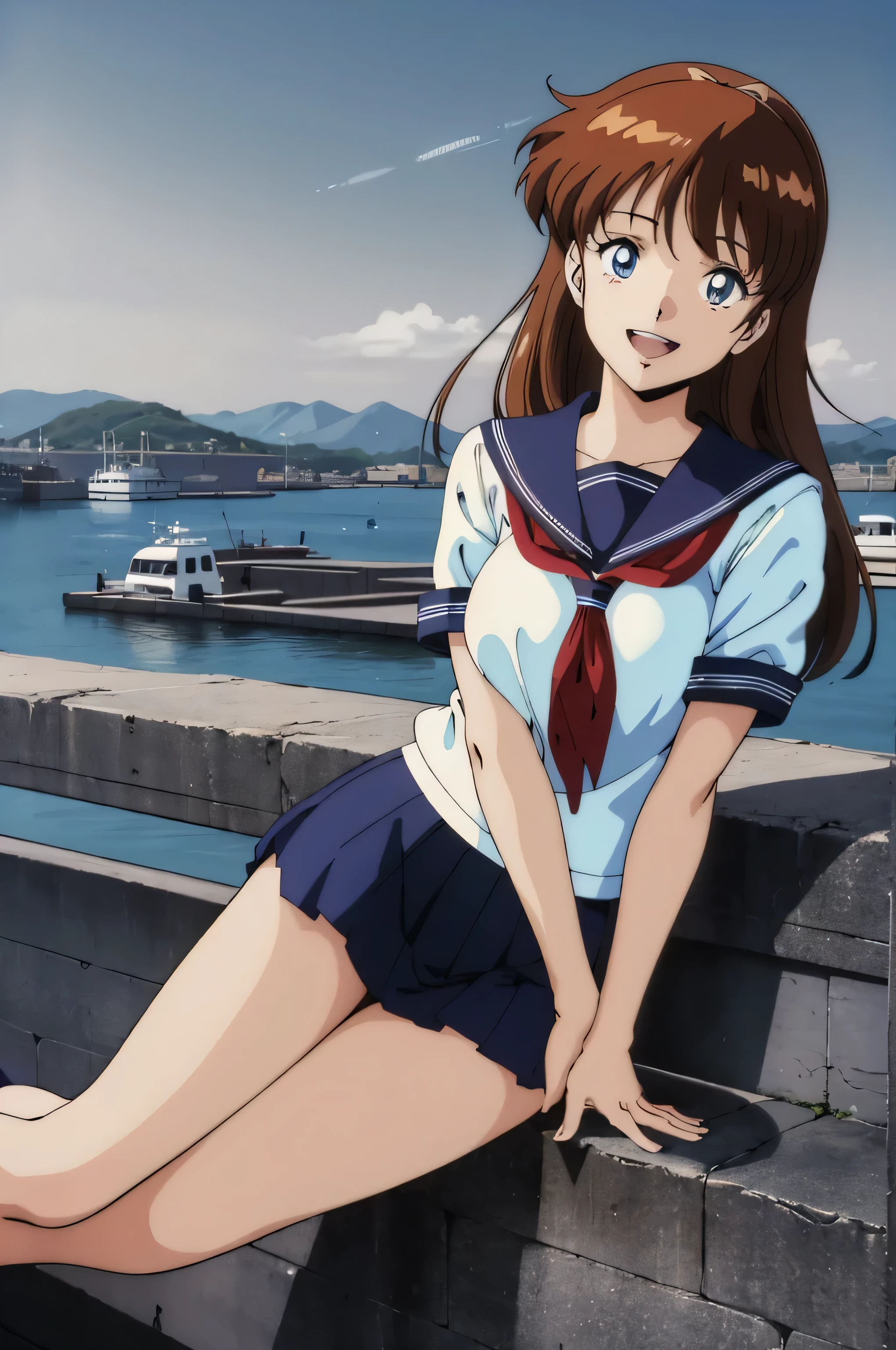 (Anime stuff, Retro art style, Clean brush strokes, Very detailed, Perfect Anatomy, Browsing Caution), (Harbor background, Above the breakwater), (erika, 1 Girl), Eyebrows visible through hair, bangs, Dark brown hair, Long Hair, Katyusha with ribbon, (blue eyes, Beautiful and detailed:1.2), Looking at the audience, Open your mouth (smile:1.5), (Are standing, Spread your legs), (Beautiful body, smooth curve, Perfect figure), (Over the school uniform), (Large Breasts:1.2, A taut shape), (School uniform short skirt), I can see her panties:1.1, 