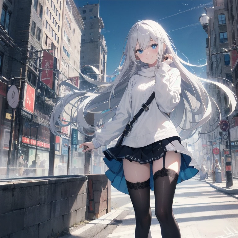 1 girl, (Masterpiece, Best quality, ultra high resolution), Silver hair, Pale skin, Beautiful detailed face, Detailed eyes, posing on a, On a white background, Dynamic lighting, dynamic shadowing, looking at viewer, White stone punk fashion, (Posing for a photo), ((White clothes with blue details)), (((black thigh highs))), ((jean shorts, skirt)), white sweater, ((Blue eyes)), happy, smiling, black straps, black strap design, ((Long white hair)), energetic, cheerful, cityscape background, blue highlights, blue tertiary color