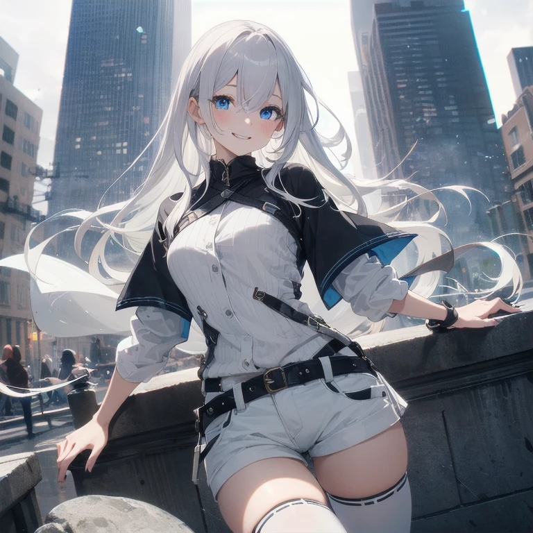 (Masterpiece, Best quality, ultra high resolution), 1 girl, Silver hair, Pale skin, Beautiful detailed face, Detailed eyes, posing on a, On a white background, Dynamic lighting, dynamic shadowing, looking at viewer, White stone punk fashion,(Posing for a photo),((White clothes)), (((black thigh highs))), jean shorts, skirt, white sweater, ((Blue eyes)), happy, smiling, black straps, black strap design, ((Long white hair)), energetic, cheerful, cityscape background