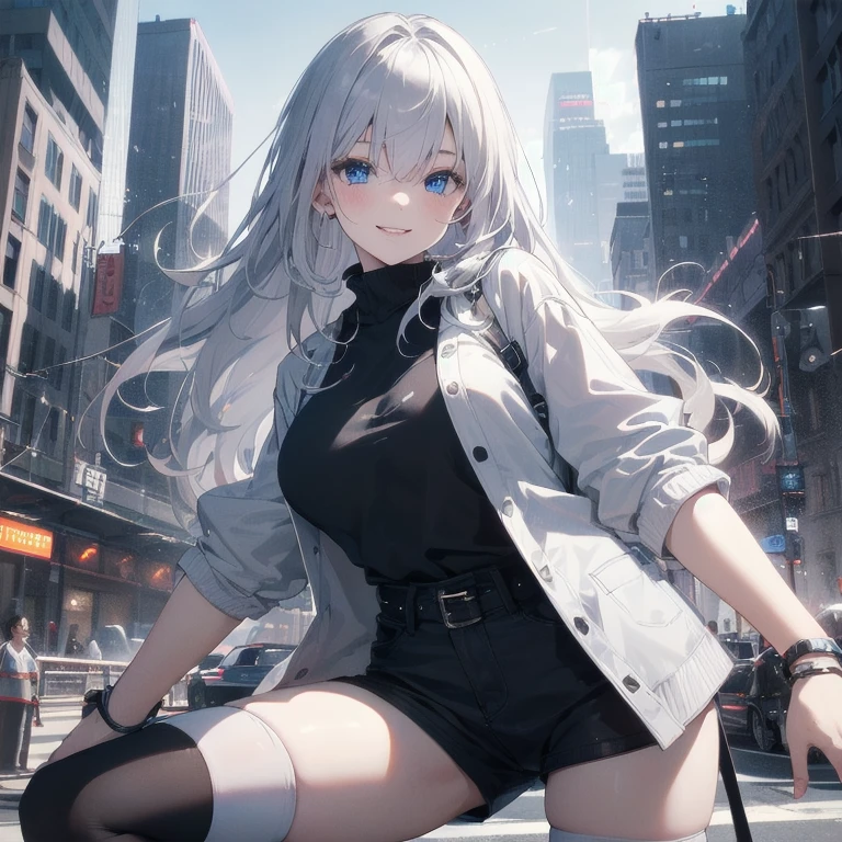 (Masterpiece, Best quality, ultra high resolution), 1 girl, Silver hair, Pale skin, Beautiful detailed face, Detailed eyes, posing on a, On a white background, Dynamic lighting, dynamic shadowing, looking at viewer, White stone punk fashion,(Posing for a photo),((White clothes)), (((black thigh highs))), jean shorts, skirt, white sweater, ((Blue eyes)), happy, smiling, black straps, black strap design, ((Long white hair)), energetic, cheerful, cityscape background