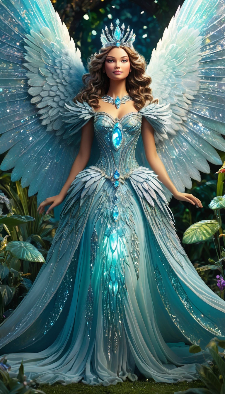 closeup of diamond stone female realistic queen with large fluffy decorative wings, magical, enchanted, glowing, bioluminiscent, highly detailed, standing in the enchanted garden