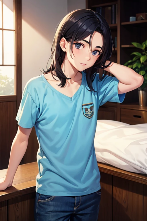 Un chico ,joven,cabello largo , ojos azules.