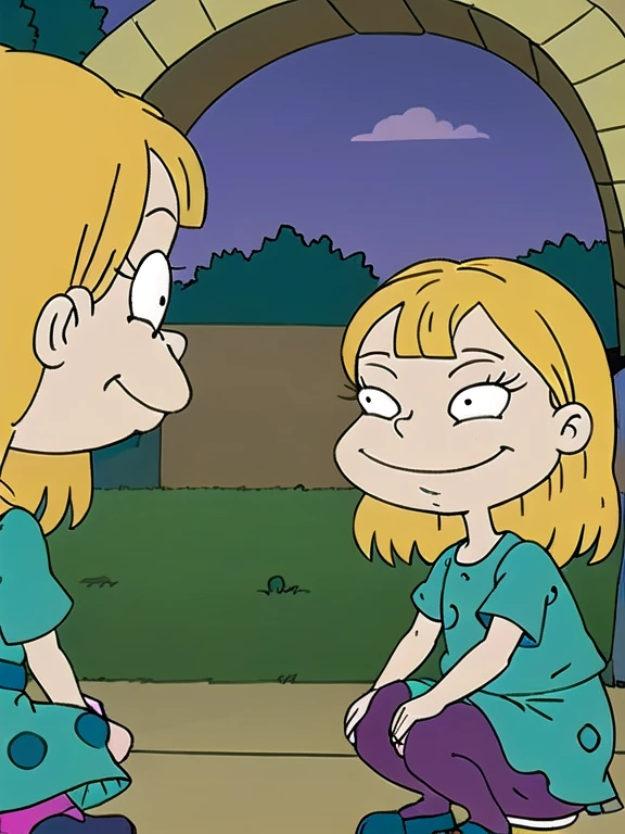 angelica pickles, one person in picture, freckles, blush, Beautiful face, smiling, polka dot dress, Blonde hair, two short braids, green tights, 1 girl , In the park, squatting