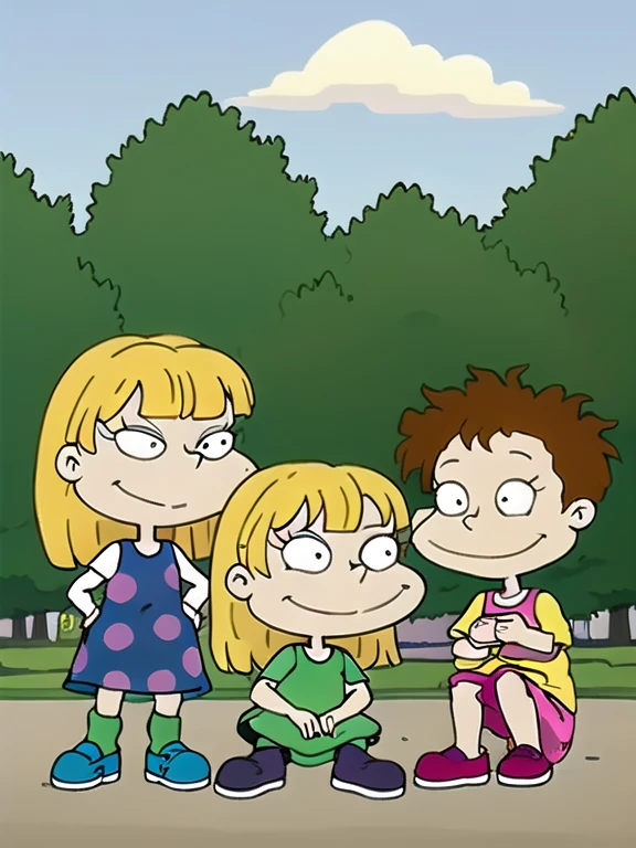 angelica pickles, one person in picture, freckles, blush, Beautiful face, smiling, polka dot dress, Blonde hair, two short braids, green tights, 1 girl , In the park, squatting