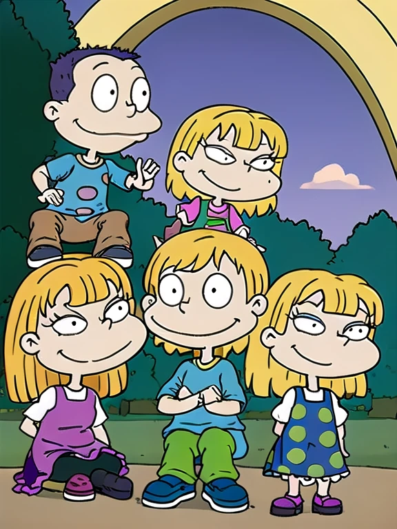 angelica pickles, one person in picture, freckles, blush, Beautiful face, smiling, polka dot dress, Blonde hair, two short braids, green tights, 1 girl , In the park, squatting