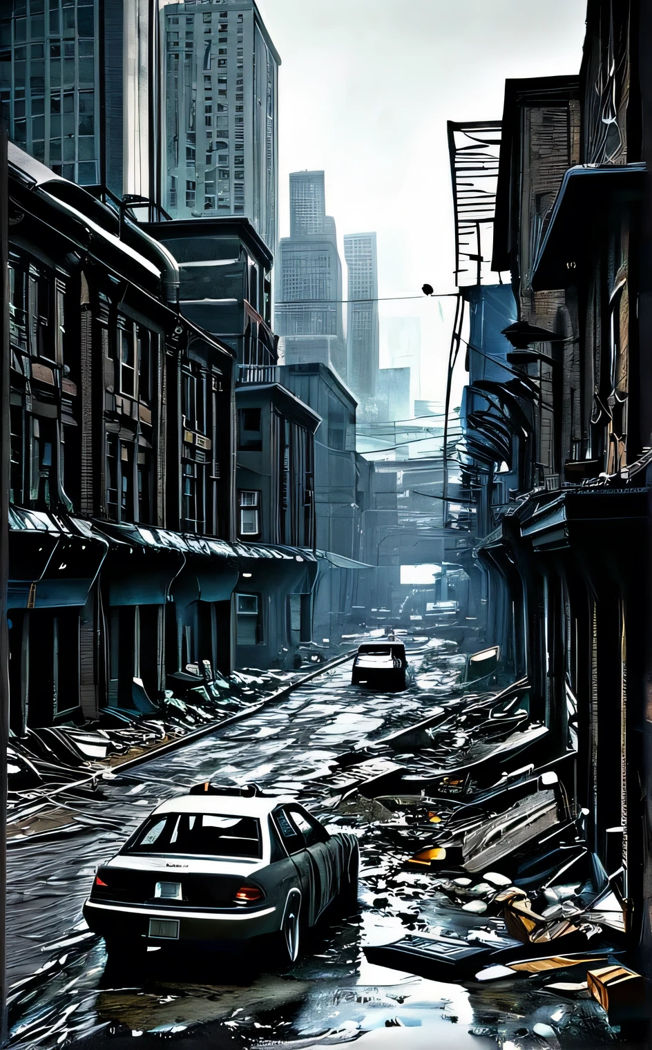 Foto hiperrealista en primer plano de Kate Beckinsale, masterpiece, best quality, (photorealistic:1.4), Create dystopian masterpieces. Depict the cityscape in the gritty style of the game's concept art. This work should evoke a sense of abandonment and despair in a futuristic, post-apocalyptic world. Notice the intricacies of detail, the sharp focus.