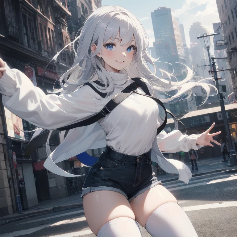 (Masterpiece, Best quality, ultra high resolution), 1 girl, Silver hair, Pale skin, Beautiful detailed face, Detailed eyes, posing on a, On a white background, Dynamic lighting, dynamic shadowing, looking at viewer, White stone punk fashion,(Posing for a photo),((White clothes)), (((black thigh highs))), jean shorts, skirt, white sweater, ((Blue eyes)), happy, smiling, black straps, black strap design, ((Long white hair)), energetic, cheerful, cityscape background