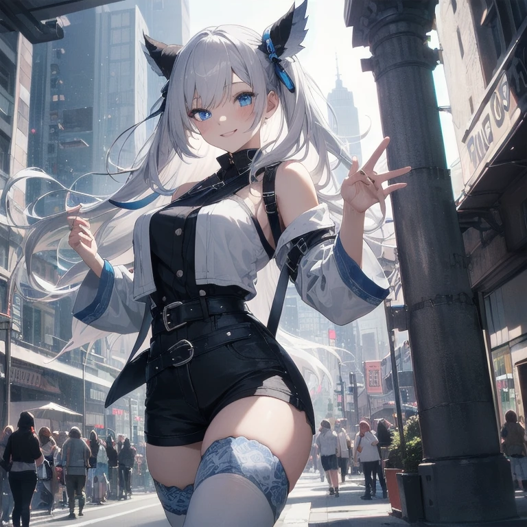 (Masterpiece, Best quality, ultra high resolution), 1 girl, Silver hair, Pale skin, Beautiful detailed face, Detailed eyes, posing on a, On a white background, Dynamic lighting, dynamic shadowing, looking at viewer, White stone punk fashion,(Posing for a photo),((White clothes)), (((black thigh highs))), jean shorts, skirt, white sweater, ((Blue eyes)), happy, smiling, black straps, black strap design, ((Long white hair)), energetic, cheerful, cityscape background