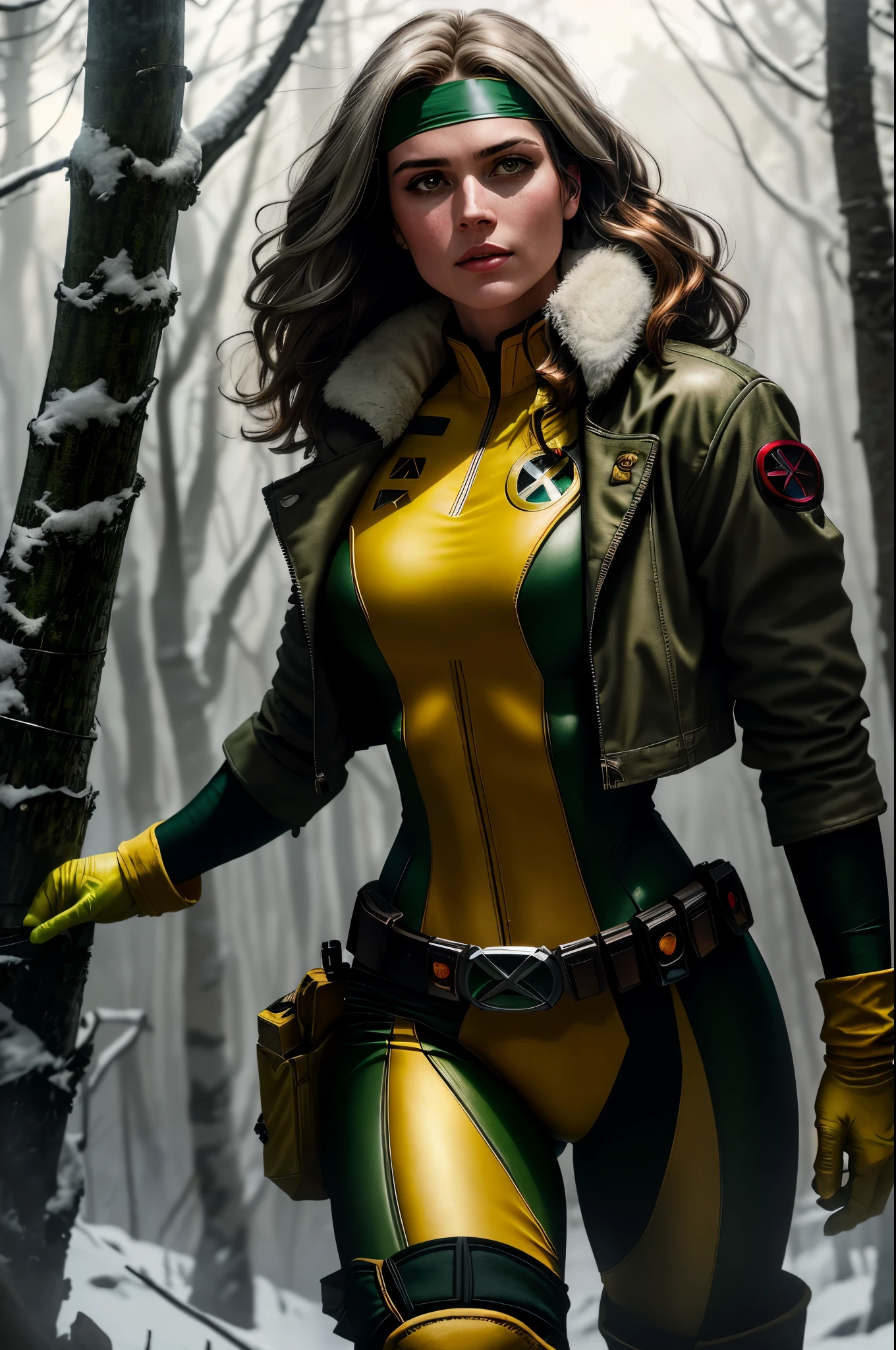 (dark shot: 1.1), epic realistic, Rogue from X-Men, 1 girl, only 1, beautiful, serious look, auburn hair, (one white streak of hair), green eyes, green headband, green and yellow bodysuit, jacket, belt, yellow gloves, open jacket, yellow boots, she is holding Captain America's shield, snowy forest background, art by Greg Rutkowski, soft cinematic light, Adobe Lightroom, darkroom, HDR, intricate, highly detailed, (depth of field: 1.4), faded, (neutral colors: 1.2), (hdr: 1.4), (muted colors: 1.2), hyper-detail (artstation: 1.4), cinematic, warm light, dramatic light (complex details: 1.1)