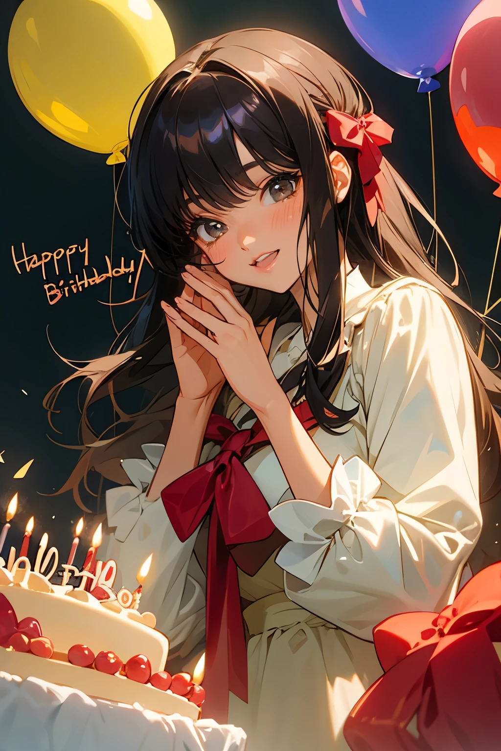 (Masterpiece, best quality)
(detailed light), (an extremely delicate and beautiful), volume light, best shadow, flash, Depth of field, dynamic angle, Oily skin
upper body, 1 Girl on her birthday, long hair,brown color,extremely detailed big birthday cake,
Colorful ta dresses, lots of pretty ruffles, red bows, headbands,
Make a wish
Beautiful elegant room, lots of streamers, balloon
BREAK
Happy Birthday Song:
Happy birthday to you
Happy birthday to you
Happy birthday, happy birthday
Happy birthday to you