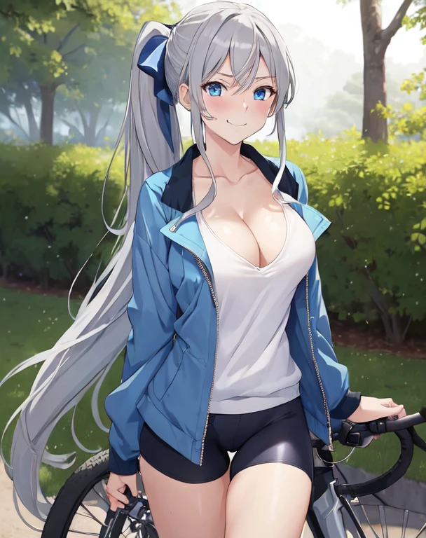 (((masterpiece))), ShizukaMikazuki, One Girl, alone, View your viewers, Long Hair, Gray Hair, Long sleeve, Cleavage, Large Breasts, Mature Body,clavicle, Jacket, Open clothes, open Jacket, blue Jacket, Ground vehicles, Play sports often, bicycle,blue eyes, High Ponytail, smile,Embarrassed face