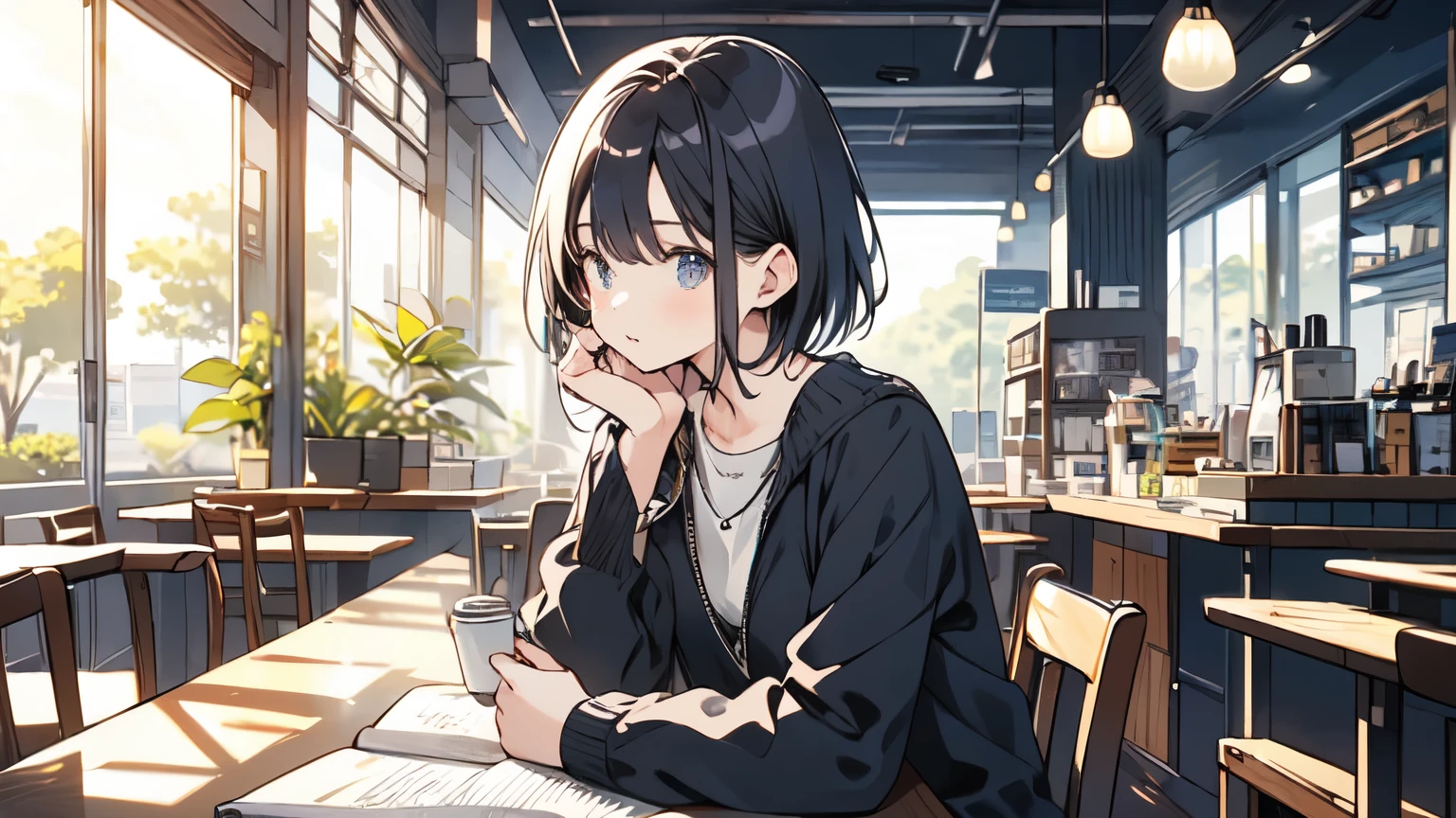 ((One woman))、Customer、Studying at a table、Textbooks and notebooks、There is coffee on the table、Big coffee shop、Quiet indoors