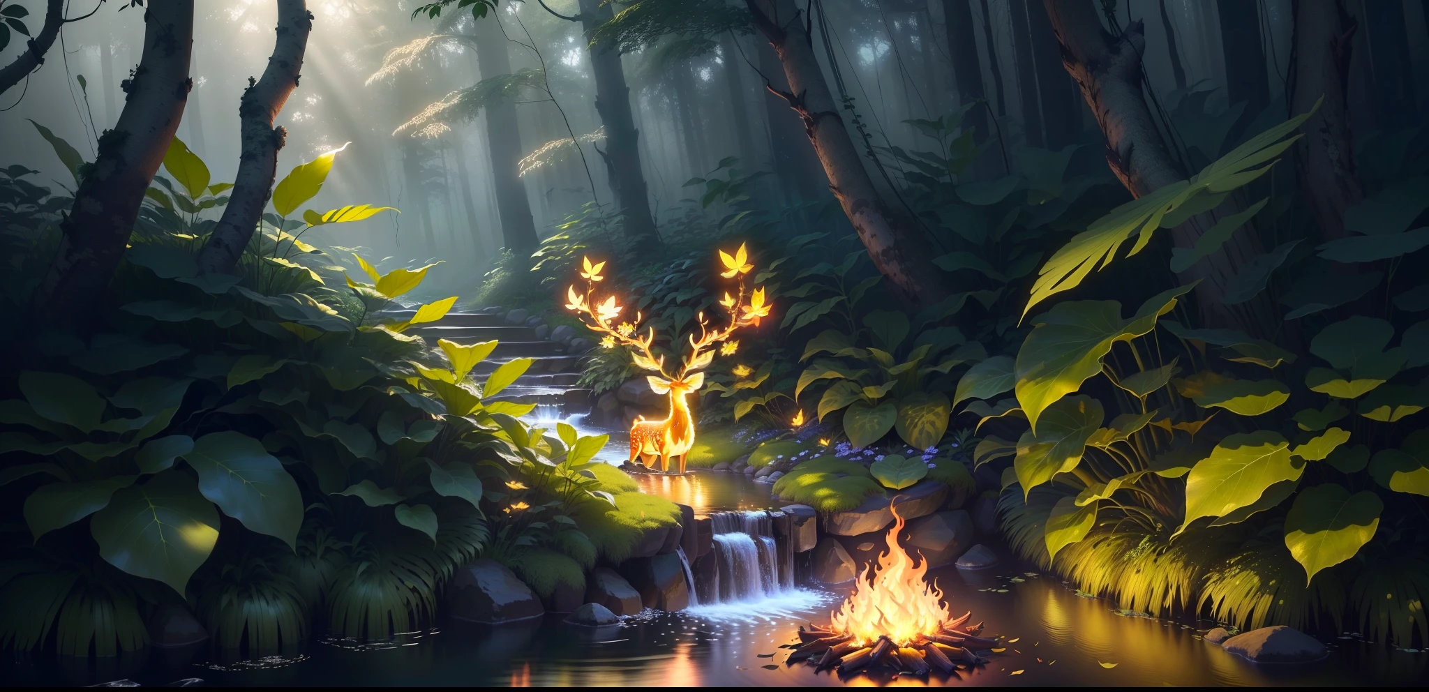 masterpiece, highest quality, (Very detailed CG ユニティ 8k 壁紙), (highest quality), (Best illustrations), (Best Shadow), Glow Sprite, With the glowing deer, drinking water in the pool, natureの要素 in the forest theme. Mysterious Forest, Beautiful Forest, nature, Surrounded by flowers, delicate leaf and branches surrounded by fire Fly (natureの要素), (Jungle theme), (leaf), (Twig), (fire Fly), (Particle Effects), wait. 3D, Octane Rendering, Ray Tracing, Very detailed