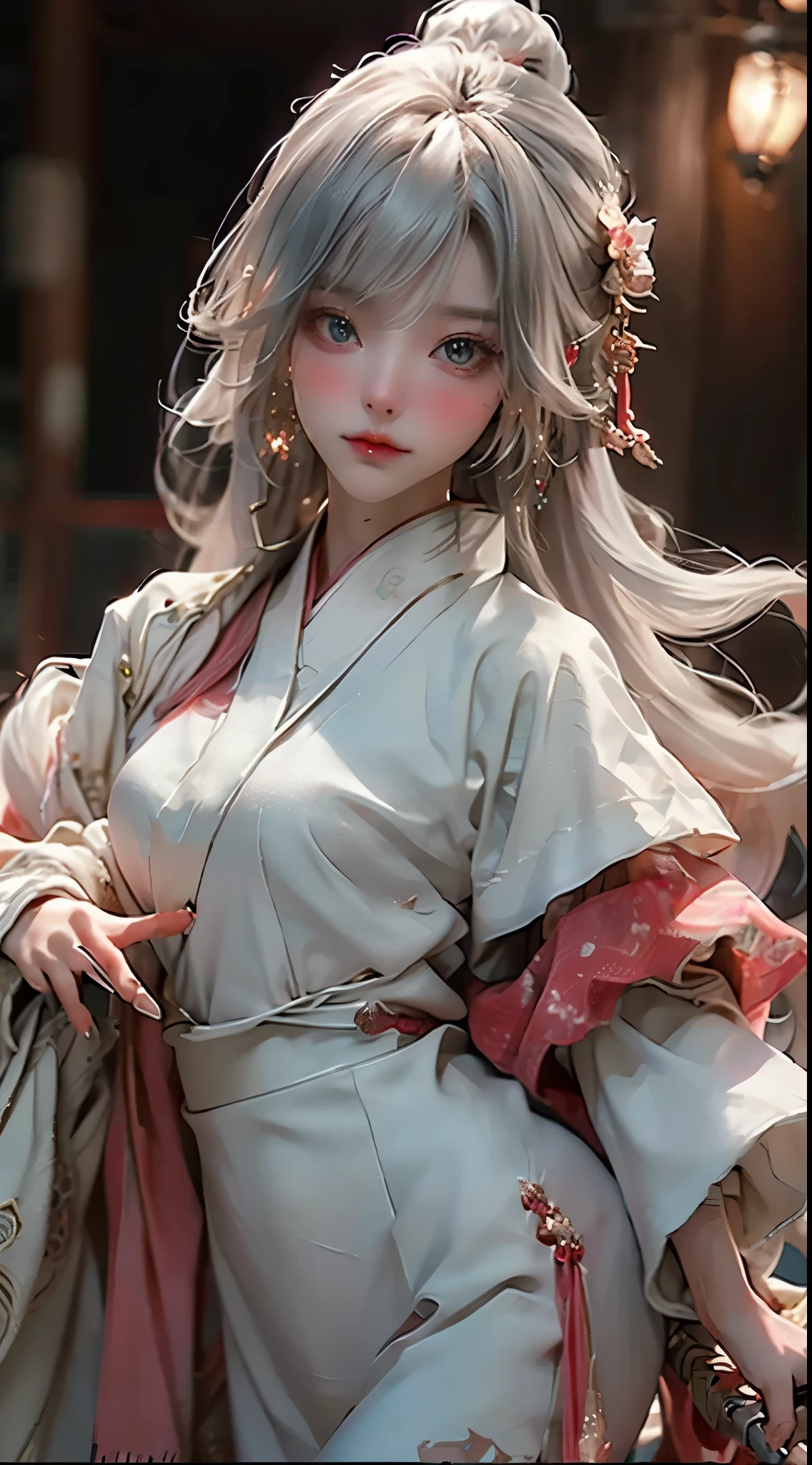 Photorealistic, very high res, 1womanl, solo,clubs,palaces,oriental architecture ray tracing,{best qualtiy},{ {tmasterpiece}},Extremely detailed 8k wallpaper,{An extremely delicate and beautiful},intricately details,photorealestic,Realiy,Camera quality,(Carefully portray clothes),Cold white skin,(Carefully portray blush),1080p,Hips up, (Detailed face), A cold face,White hair, Medium breasts, long whitr hair, Sword repair,White robe,Oversized clothes, jewelry,Smooth light silver hair,Messy beauty,lamplight,The skin is shiny and silky,tmasterpiece,The best quality,The illustrations are super detailed,beautidful eyes,Very detailed 8k CG wallpaper,Peach blossom eyes,An extremely delicate and beautiful girl,8k wallpaper,best qualtiy,close-up all over the bodya close up of a woman with white hair and a white mask, beautiful character painting, guweiz, artwork in the style of guweiz, white haired deity, by Yang J, epic exquisite character art, stunning character art, by Fan Qi, by Wuzhun Shifan, guweiz on pixiv artstation
