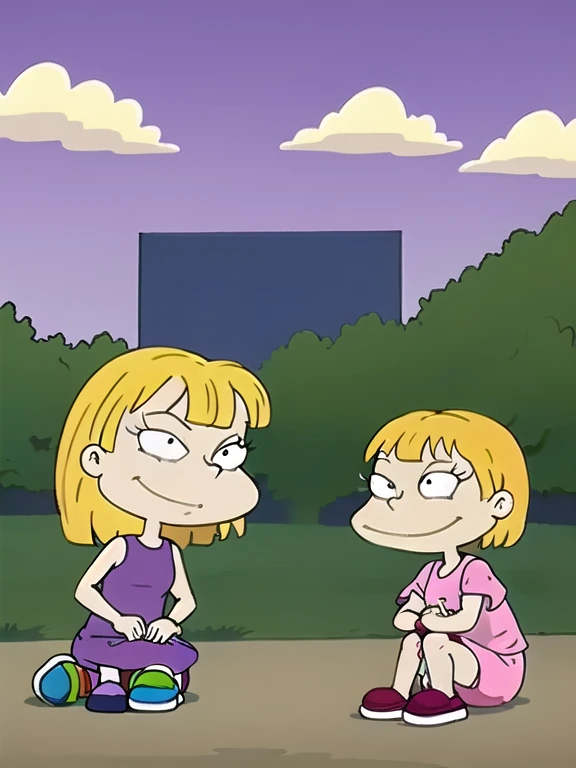 angelica pickles, one person in picture, freckles, shy, beautiful face, smiling, swimsuit, Blonde hair, two short braids, only1 girl , In the park, sitting, squatting