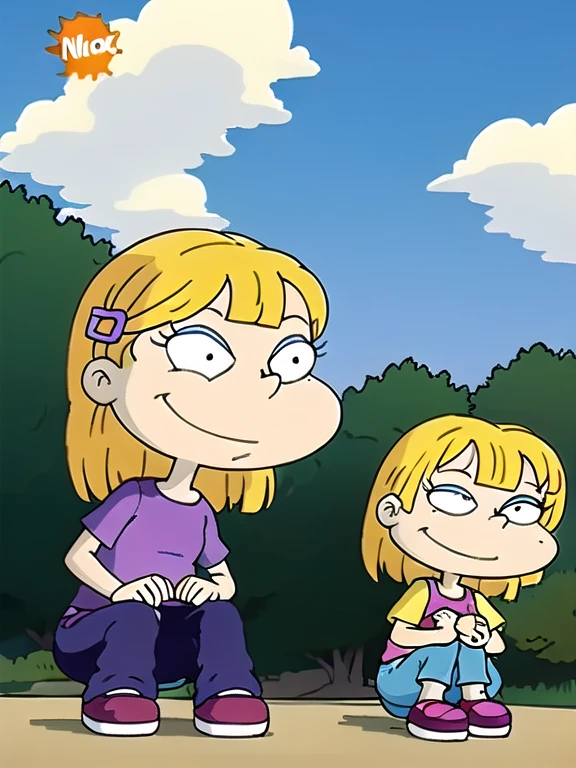 angelica pickles, one person in picture, freckles, shy, beautiful face, smiling, swimsuit, Blonde hair, two short braids, only1 girl , In the park, sitting, squatting