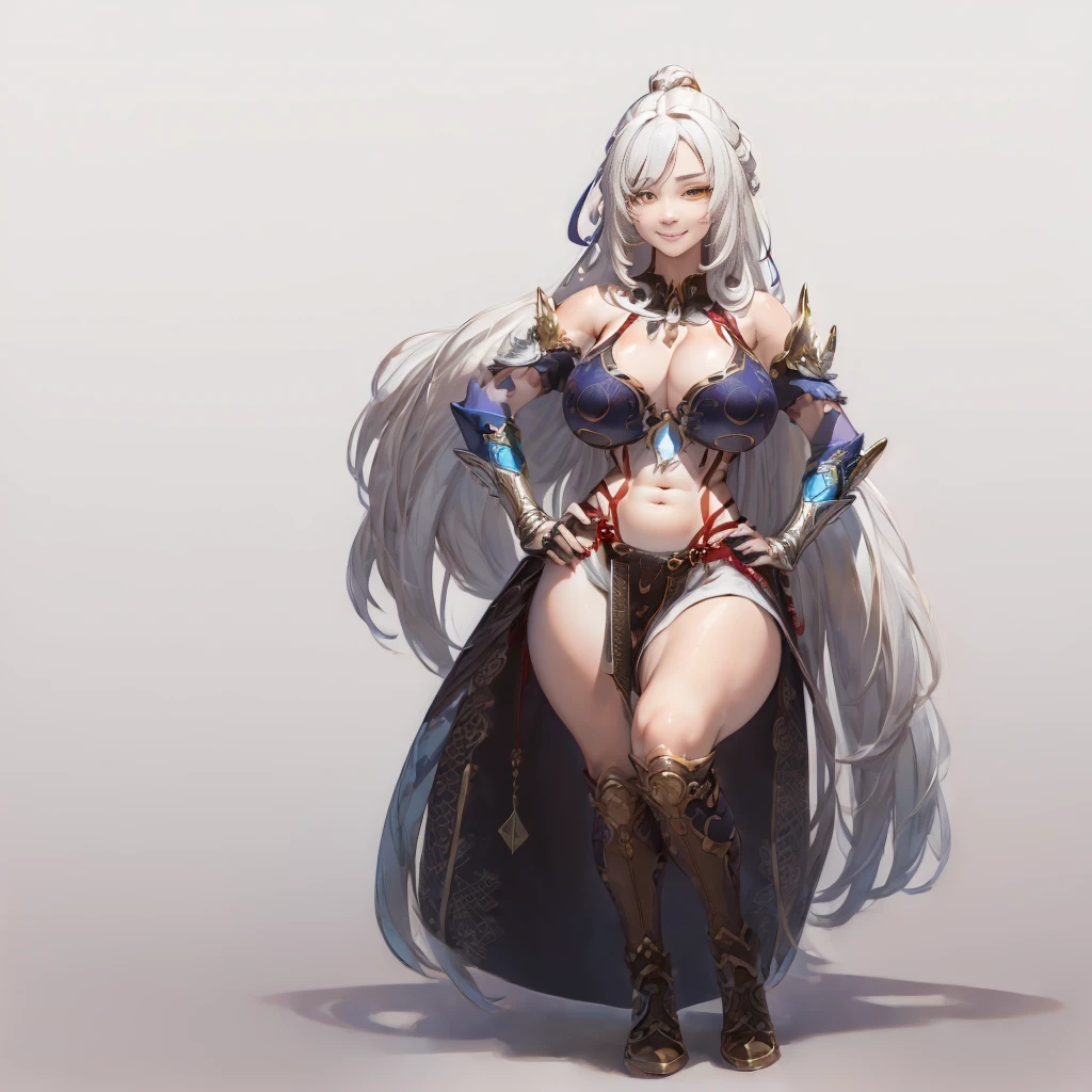 (((Plain background 1:2))) (masterpiece, high quality: 1.1) 1girl full body standing, hairstyle with a braid, white colored hair, yellow eyes, perfect lighting, muscular, thighs, mature woman, mummy, bellybutton, abs, looks at the viewer smile RED CHEEKS, extremely huge breasts, maternal, porcelain skin, extra very long hair, sparkly skin, good face, chest cover, HANDS ON HIPS