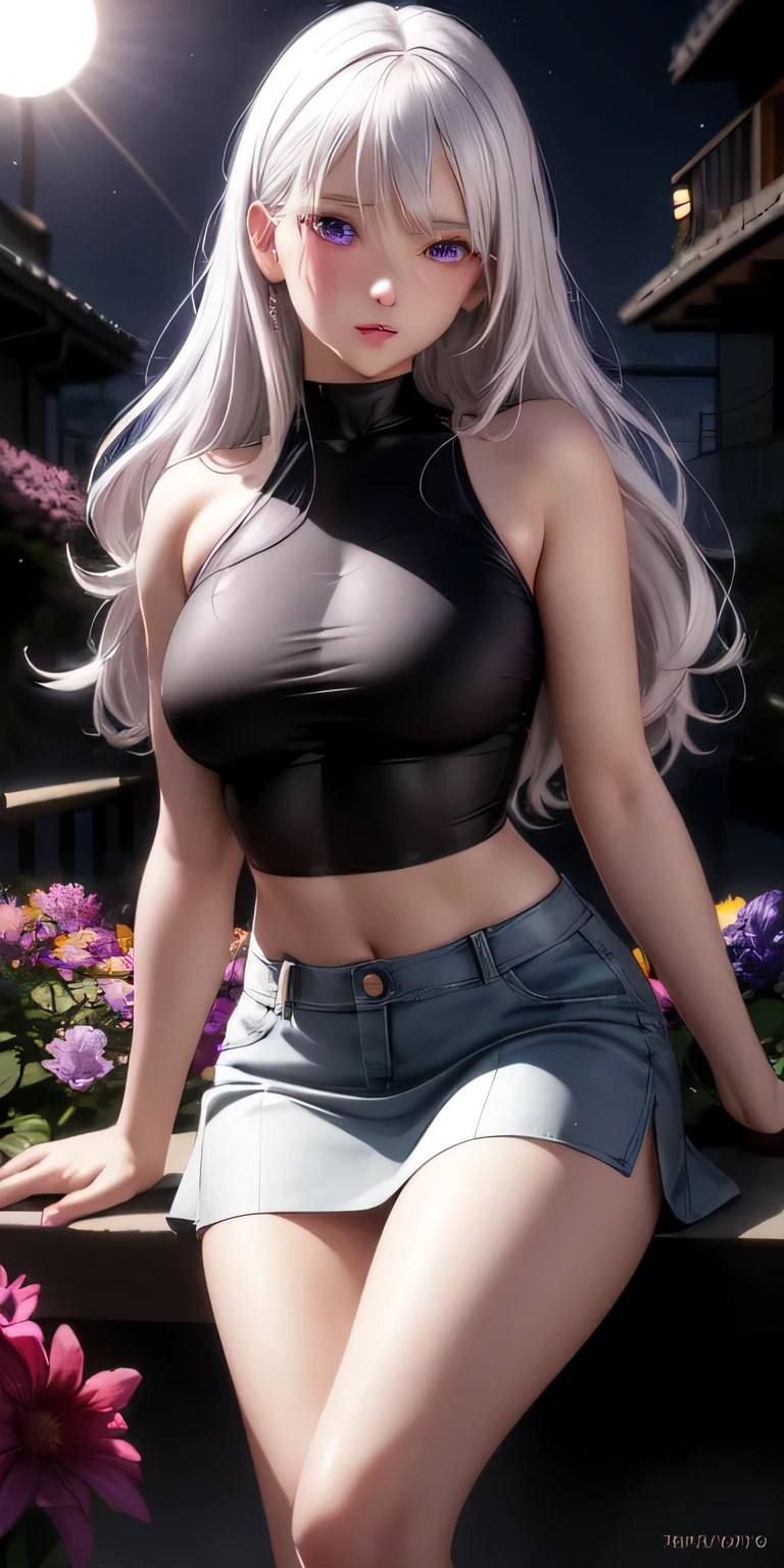 Practical, 1 Girl, white hair, Purple Eyes, Glowing eyes, crop top, skirt, Open your mouth, blush, night, Flowers, sun, sunlight,Realistic, 1 Girl, Gray Hair, Purple Eyes, Shining Eyes, Crop top, skirt, Parted lips, blush, night, Flowers, sun, sunlight,Upper body 