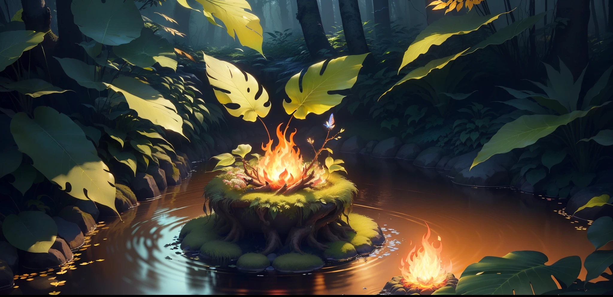 masterpiece, highest quality, (Very detailed CG ユニティ 8k 壁紙), (highest quality), (Best illustrations), (Best Shadow), Glow Sprite, With the glowing deer, drinking water in the pool, natureの要素 in the forest theme. Mysterious Forest, Beautiful Forest, nature, Surrounded by flowers, delicate leaf and branches surrounded by fire Fly (natureの要素), (Jungle theme), (leaf), (Twig), (fire Fly), (Particle Effects), wait. 3D, Octane Rendering, Ray Tracing, Very detailed