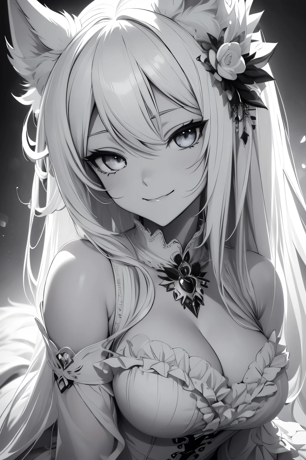 monochrome, no color, portrait, face focus, best quality, super fine, 16k, incredibly absurdres, extremely detailed, cute white wolf beast girl, big ears, big round eyes, smile, shy, wearing cute frilly dress with white frills, background simple