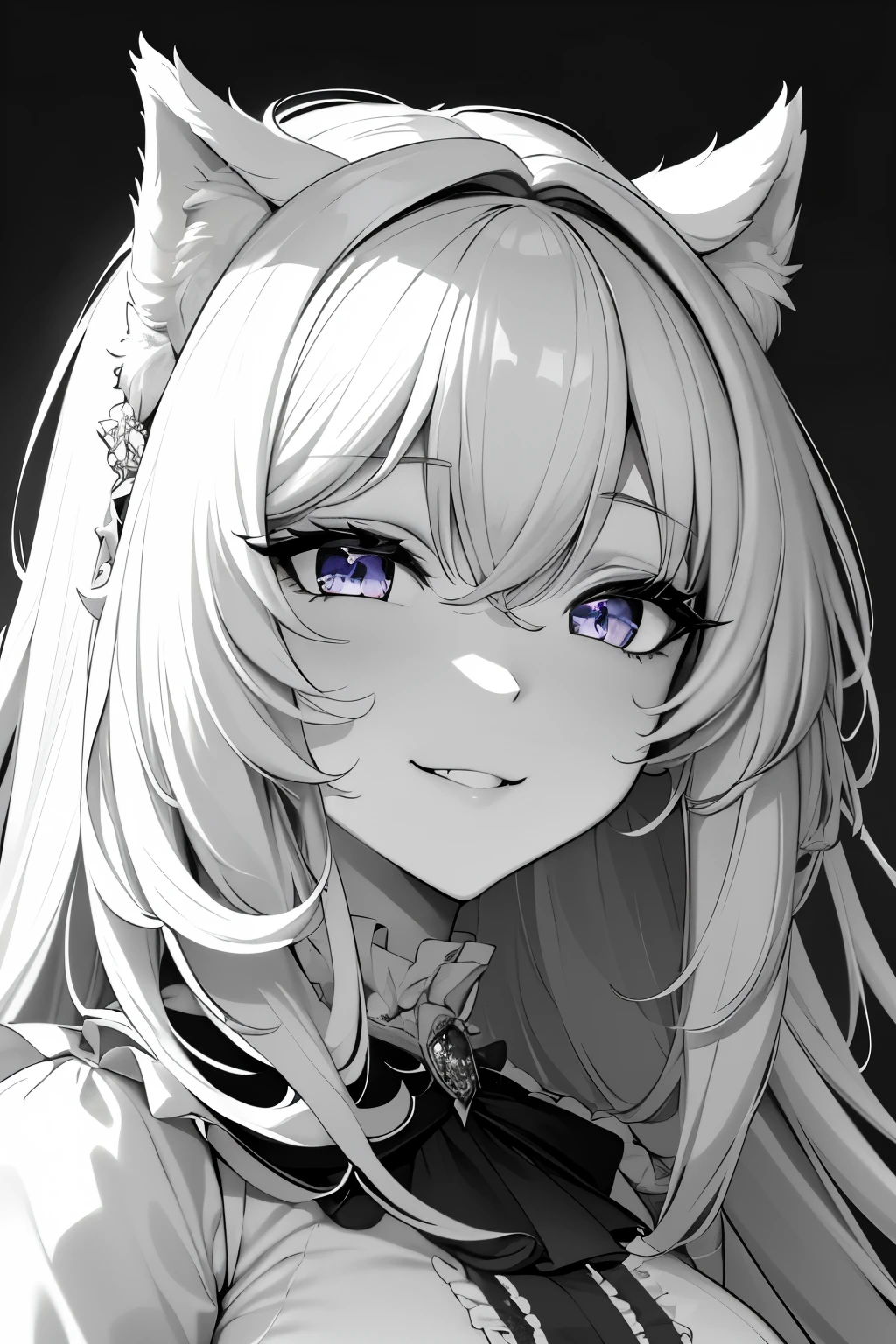 monochrome, no color, portrait, face focus, best quality, super fine, 16k, incredibly absurdres, extremely detailed, cute white wolf beast girl, big ears, big round eyes, smile, shy, wearing cute frilly dress with white frills, background simple