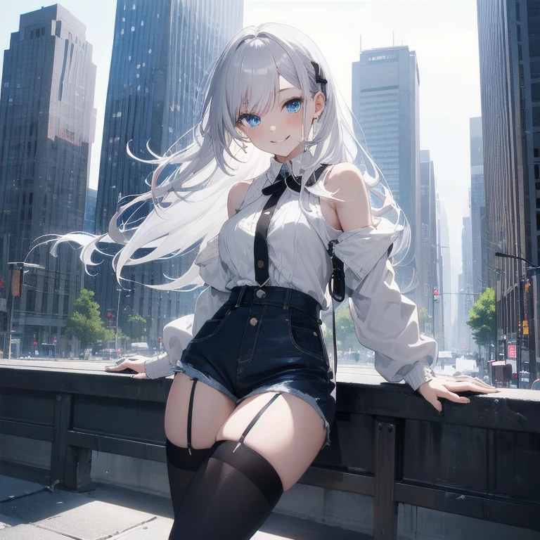 (Masterpiece, Best quality, ultra high resolution), 1 girl, Silver hair, Pale skin, Beautiful detailed face, Detailed eyes, posing on a, On a white background, Dynamic lighting, dynamic shadowing, looking at viewer, White stone punk fashion,(Posing for a photo),((White clothes)), (((black thigh highs))), jean shorts, skirt, white sweater, ((Blue eyes)), happy, smiling, black straps, black strap design, ((Long white hair)), energetic, cheerful, cityscape background