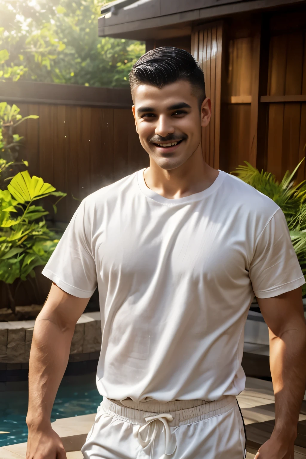 20 year old young man , (Crew Cut Hairstyle: 1.3 ), black hair, short hair details, burly handsome man , (Thin mustache: 1,3), (White shirt, round neck, short sleeves: 1.3) ,White swimming trunks, stalwart, handsome, outdoor, Take a shower with steam., hot spring, Onsen, sweat, Look at the viewer., depth of field, Bokeh, Detailed background, Detailed light, Diffused natural sunlight, Skin glows naturally, Symmetrical eyes, Big smile