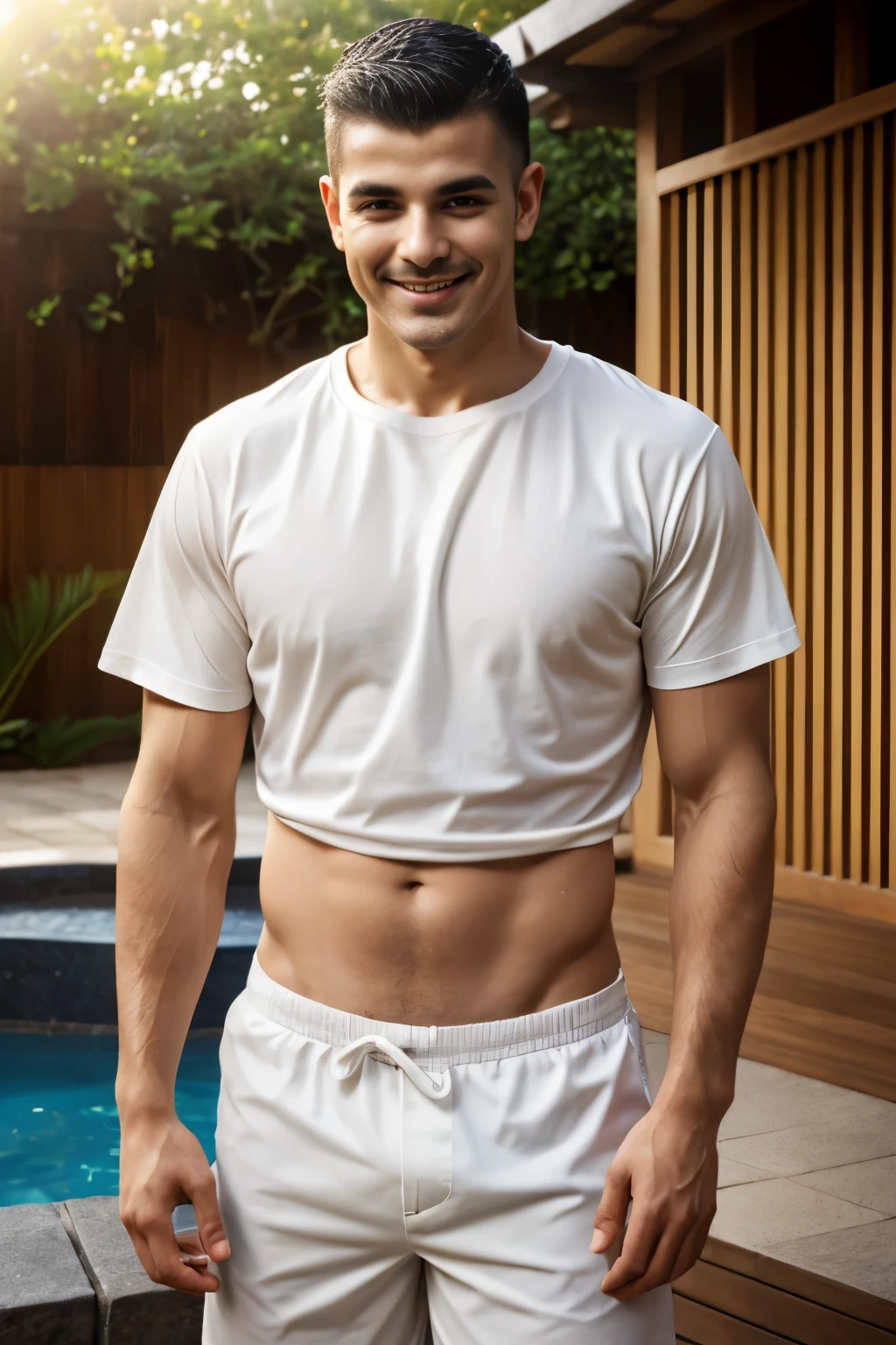 20 year old young man , (Crew Cut Hairstyle: 1.3 ), black hair, short hair details, burly handsome man , (Thin mustache: 1,3), (White shirt, round neck, short sleeves: 1.3) ,White swimming trunks, stalwart, handsome, outdoor, Take a shower with steam., hot spring, Onsen, sweat, Look at the viewer., depth of field, Bokeh, Detailed background, Detailed light, Diffused natural sunlight, Skin glows naturally, Symmetrical eyes, Big smile