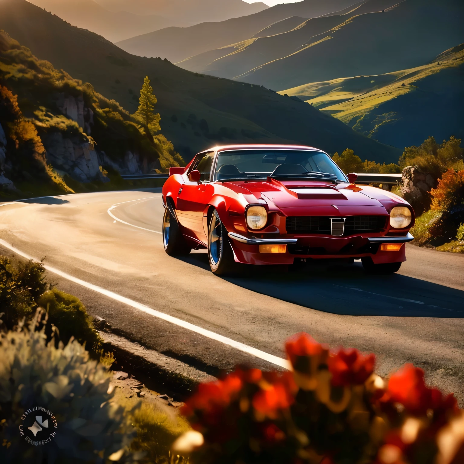 arafed red car driving down a winding road in the mountains, ❤🔥🍄🌪, de tomaso, automotive photography, slimmer demeanor, by Eddie Mendoza, muscle cars, classic cars, vehicle photography, car photography, kodakchrome : : 8 k, red car, stunning beauty, auto photography, shot at golden hour