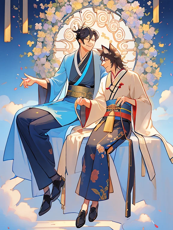 (8K, a high resolution, ultra detailed), Gay couple, 1 man and 1 man, mature, Hair color is different, (embrace), full body, lesbian, blonde and black hair, (Two men smiling face to face)、Gray-haired man with beautiful fox ears、Strong man with black hair and wolf ears、ink and watercolor painting、traditional chinese ink painting、lotuses、Hanfu、Maxi Keith、Dress conservatively、animal ears, knights、foreigner、flowers、There are many flowers nearby、Shenron、very detailed face
