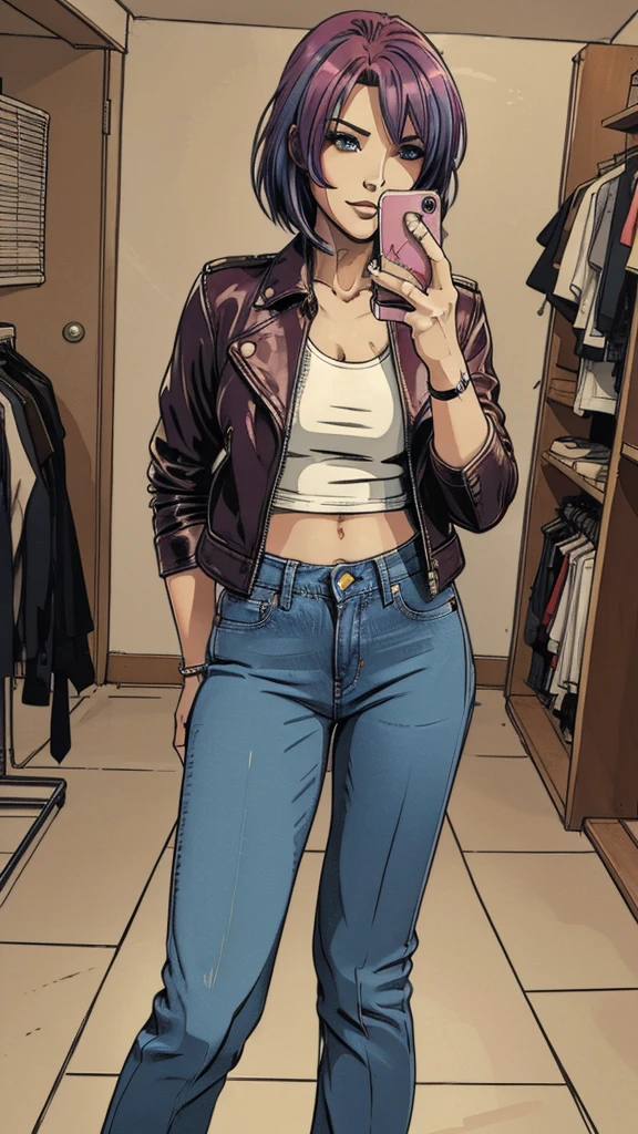 vector image, 2d cartoon,masterpiece, An anime woman,colored hair, provocative makeup,tight jeans, heels, prostitute work pose, leather jacket, t-shirt, taking selfie