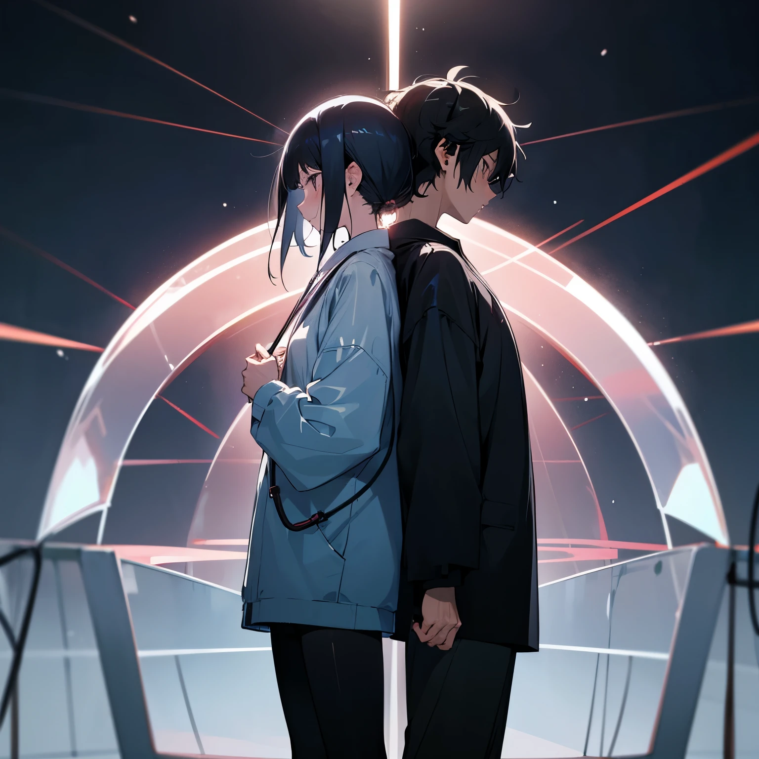 Sad black haired Anime girl on the left wearing dietitian clothes, Sad musician anime boy wearing headphones on the right. Back view, they have a transparent barrier in the midde dividing them both. They’re both are worried at each other. Night background