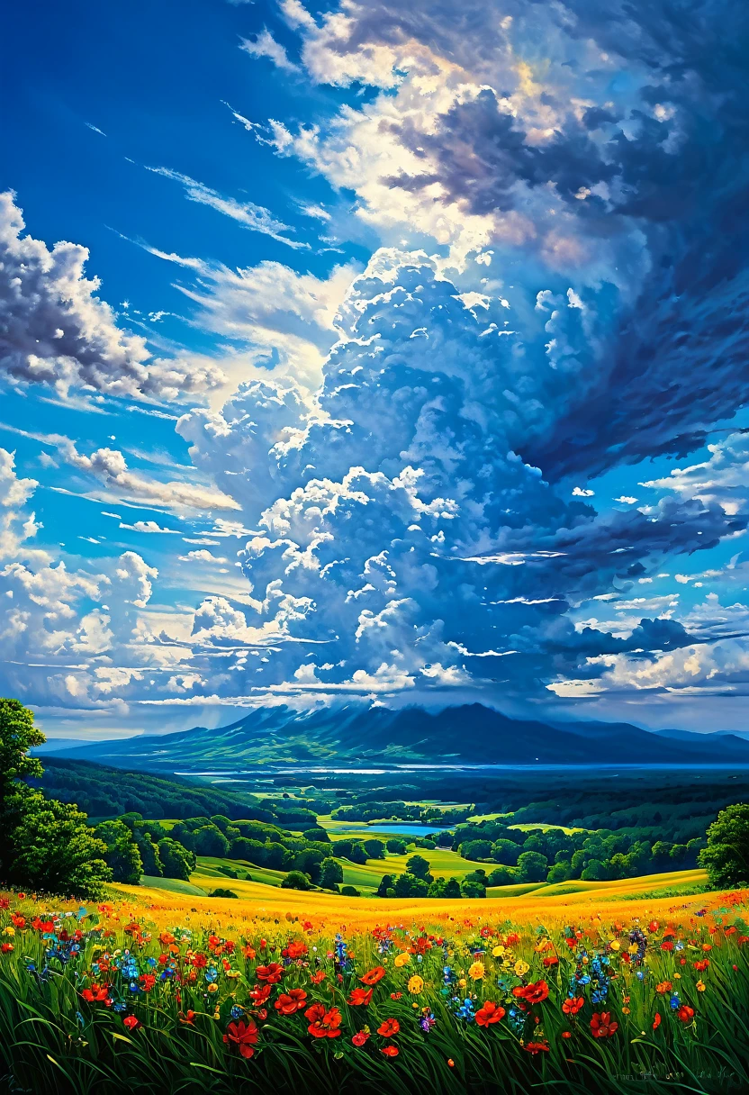 Summer Sky (Painterly Style), realistic, highly realistic, meticulously detailed, breathtakingly realistic, high-contrast realism, high-saturation realism, vibrant colors, dramatic lighting, enchanting landscapes, compelling storytelling, atmospheric scenes, mesmerizing visuals, intricate details, powerful emotions, ethereal beauty, dreamlike worlds