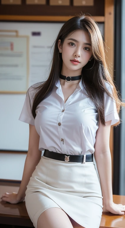 (Masterpiece, best quality, alone, รายละเอียดที่complex, Chromatic aberration), realistic, ((Moderate breath)), hair in one eye,purple eyes, earring, sharp eyes, choker, (symmetrical eyes),(Perfect symmetrical body),Photo of a beautiful 24 year old girl, Beautiful and charming with contemporary fashion paintings as well...., looking at the audience, ((in the classroom background)), (1 Teen Girl),(black short skirt), (White short-sleeved, form-fitting shirt., Unbutton the top 2 buttons to reveal a sexy bust., Revealing sexy breasts), ((A short black pencil skirt with a deep slit on the side..)), sugar belt, ((Put your hands down.)),Copper blonde hair, Bob, round chin, Art lens 85mm, Sharp focus, High resolution 8K, Crazy details, complex, elegant,sitting on the study table Lift one leg to eye level., legs slightly apart.,big breasts,big breasts, dynamic gesture, big breasts
