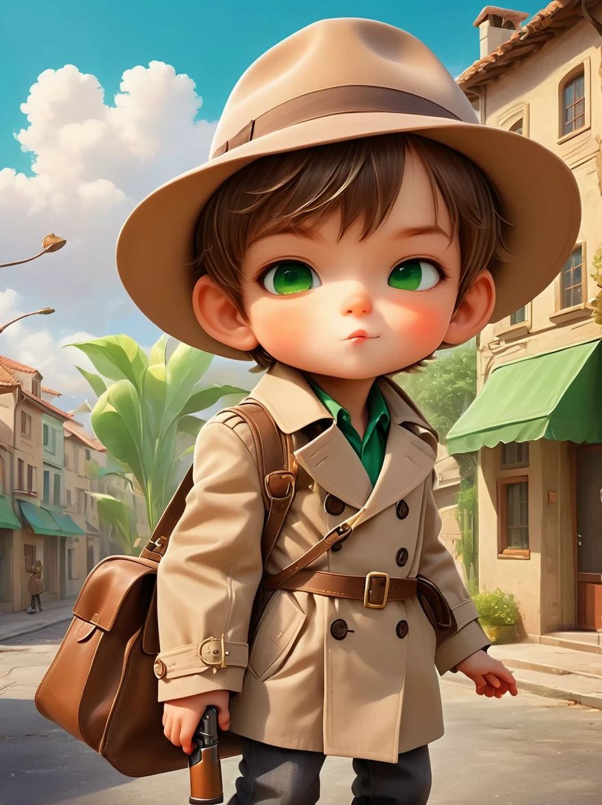 A young playful  boy，Wears a beige hat，Wearing a matching trench coat，Wild brown hair and playful green eyes peeking out from under the hat，Brown small school bagBREAK (Color toy gun)，Confident and slightly naughty smile，Background of the unknown town，full body，chibi anime，Surrealism，cartoon Q version, by Tiago Hoisel