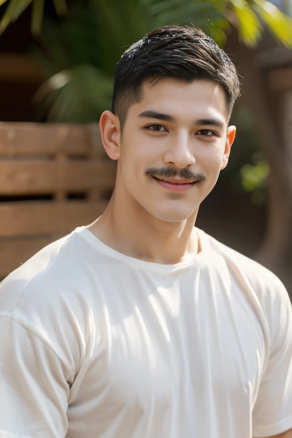 20 year old young man , (Crew Cut Hairstyle: 1.3 ), black hair, short hair details, burly handsome man , (Thin mustache: 1,3), (White shirt, round neck, short sleeves: 1.3) ,White swimming trunks, stalwart, handsome, outdoor, Take a shower with steam., hot spring, Onsen, sweat, Look at the viewer., depth of field, Bokeh, Detailed background, Detailed light, Diffused natural sunlight, Skin glows naturally, Symmetrical eyes, Big smile