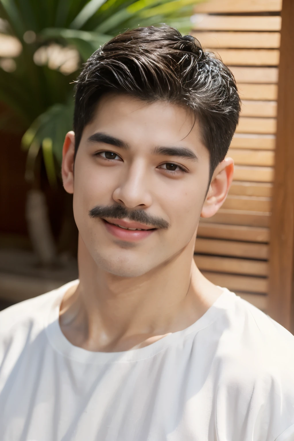 20 year old young man , (Crew Cut Hairstyle: 1.3 ), black hair, short hair details, burly handsome man , (Thin mustache: 1,3), (White shirt, round neck, short sleeves: 1.3) ,White swimming trunks, stalwart, handsome, outdoor, Take a shower with steam., hot spring, Onsen, sweat, Look at the viewer., depth of field, Bokeh, Detailed background, Detailed light, Diffused natural sunlight, Skin glows naturally, Symmetrical eyes, Big smile