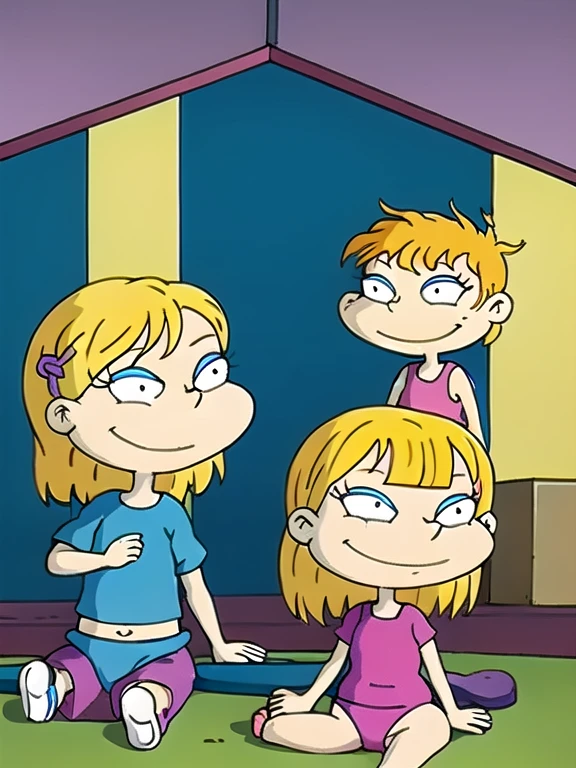 angelica pickles, one person in picture, freckles, shy, beautiful face, smiling, swimsuit, Blonde hair, two short braids, only 1 girl in frame, sitting, spread legs 