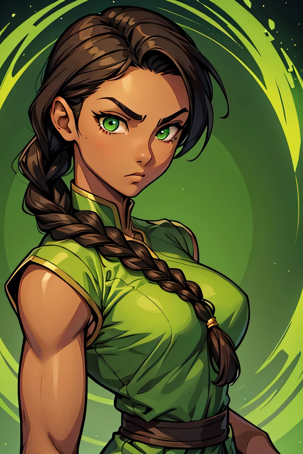 Earthbender human woman with tanned skin. She is a 16-year-old teenager with green eyes and green clothing. Her hair is brown in a just ONE braid. She is beautiful and her skin is dark in color. Her skin is slightly dark. Earthbender. Tsundere face. Beatifule and elegant large clothes. No Fingers. Flushed