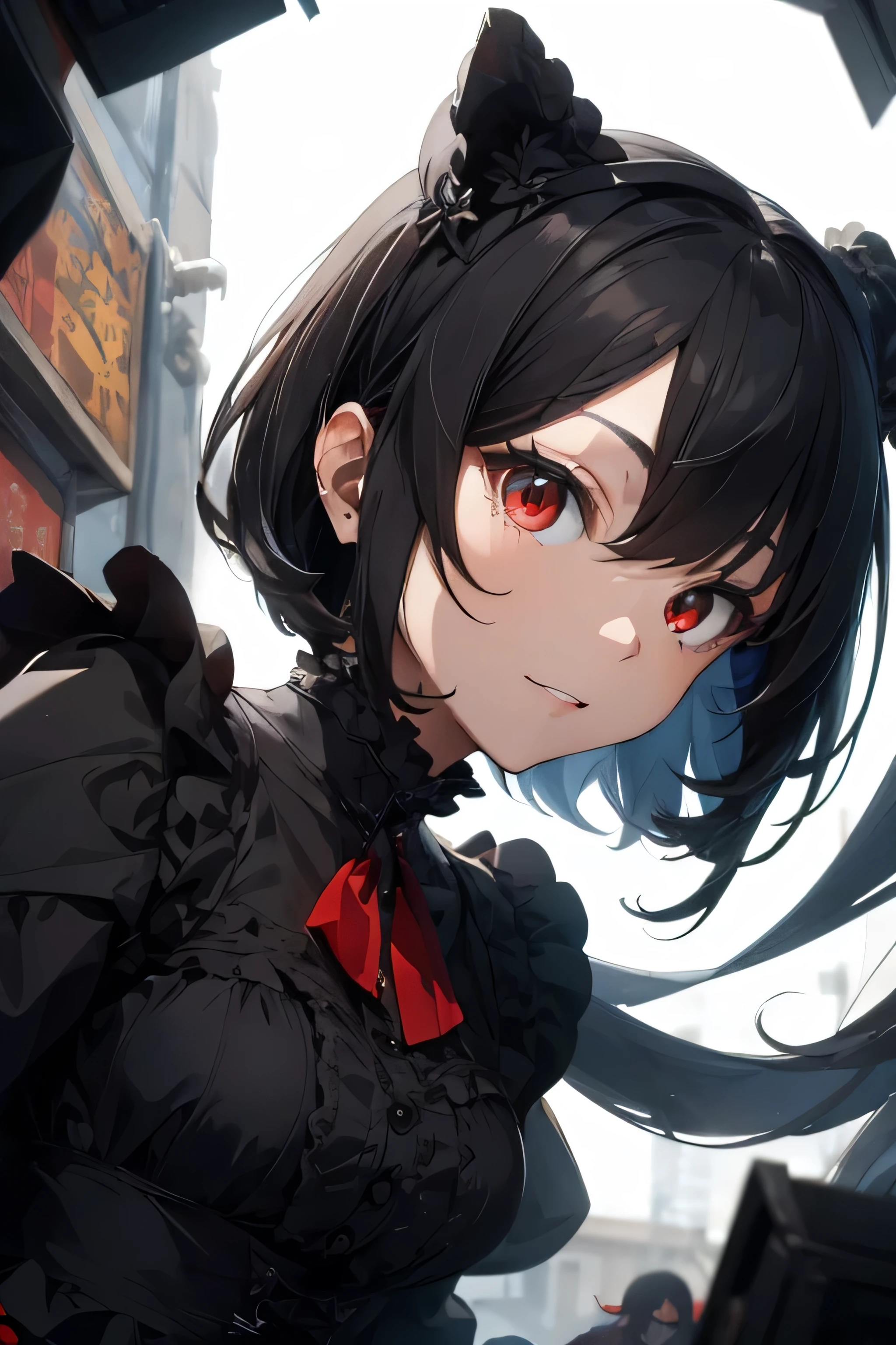 ((highest quality)), ((masterpiece)), (detailed), Perfect Face,白hair,Red eyes,Black clothes,hair,Fair skin,Bob,gun,Gothic Lolita,from below