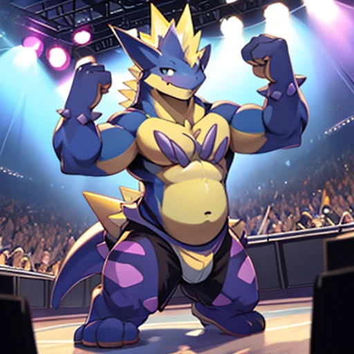 Pokemon LowkeyToxtricity, wink, blue belly, blue abdomen bashful, cute, out of shape, blue belly, on a concert stage, blue abdomen, blue chest, blue